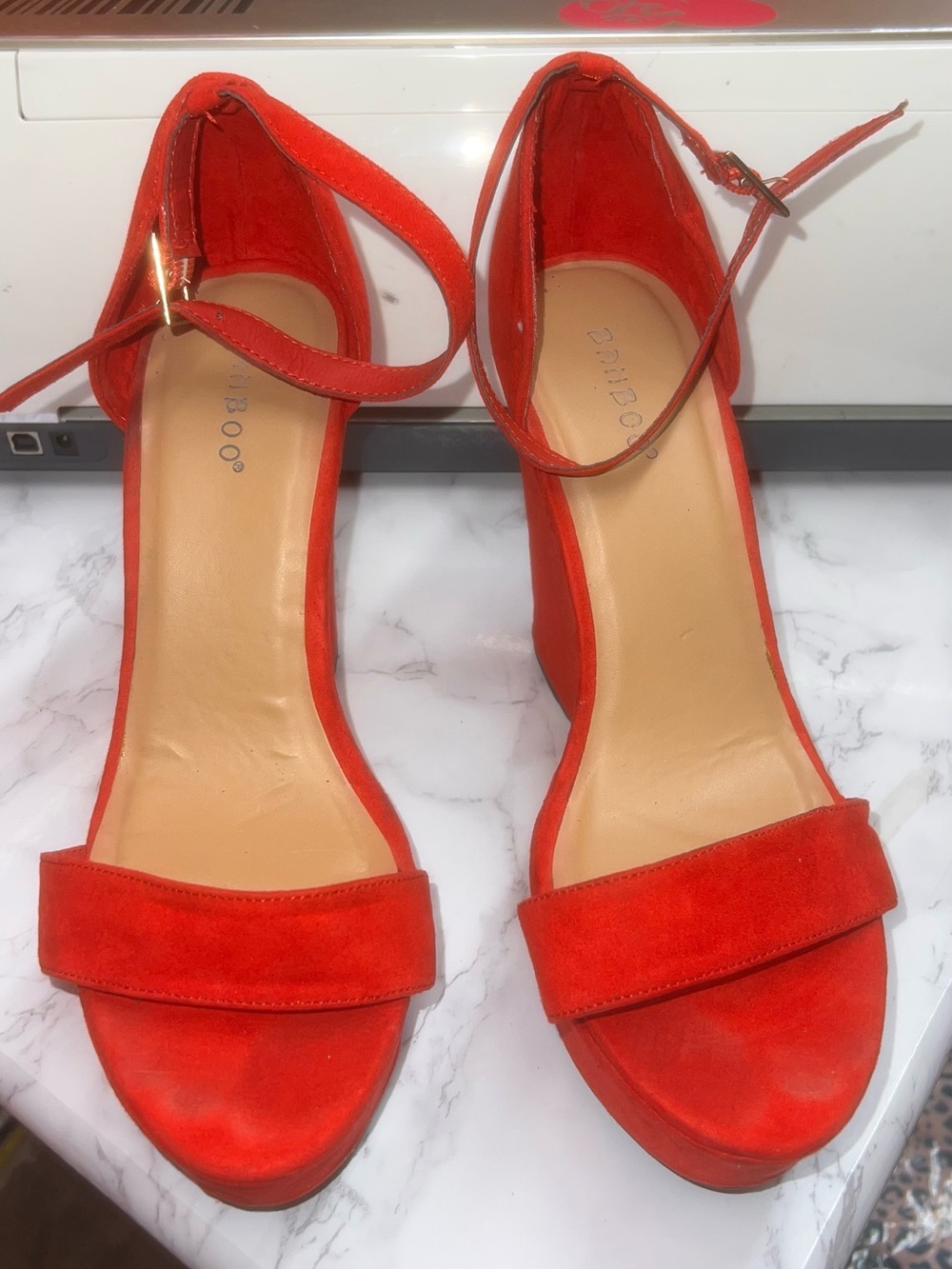 BAMBOO Red Suede Ankle-Strap Block Heel Sandals